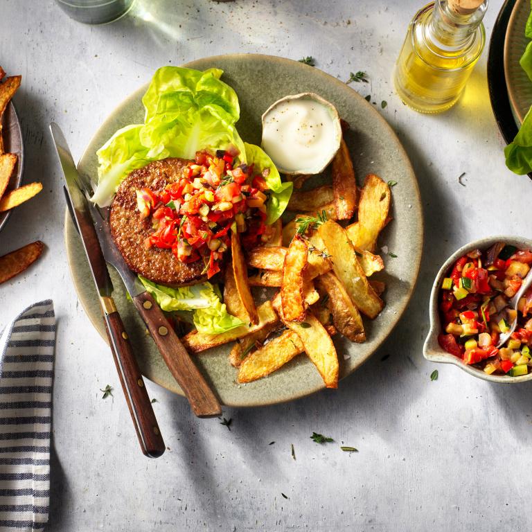 No waste Sensational Burger with Ailoli and Potato Peels